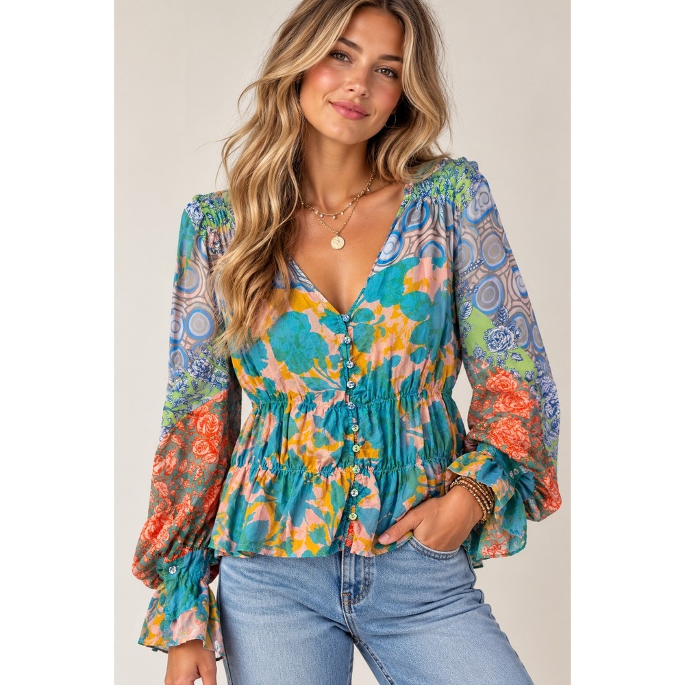 Johnny Was Patchwork Floral Peasant Blouse Small Boho Button Front C12923B4